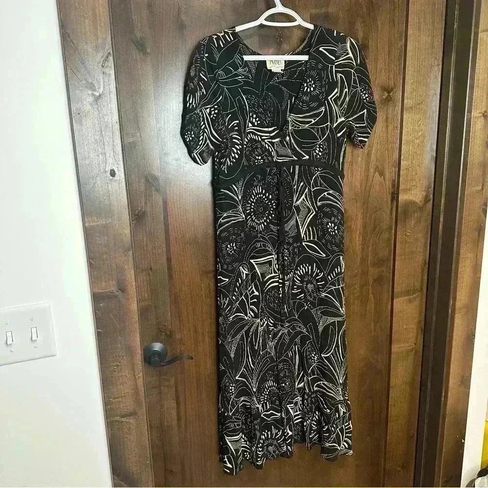 Vintage Moe Dress 100% rayon Women’s Size L tea length dress deep Vneck - Picture 2 of 5